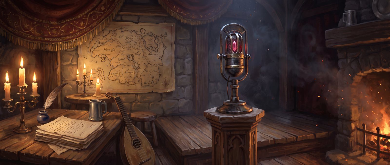 Tavern stage with a glowing crystal microphone